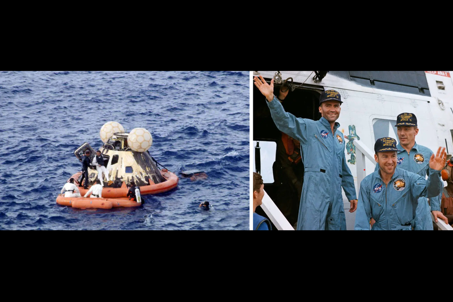Velitelský modul Odyssey po přistání v Tichém oceánu a posádka Apollo 13 – Fred Haise, Jim Lovell a Jack Swigert – krátce po vyzvednutí na palubu USS Iwo Jima. Úspěšný návrat 17. dubna 1970 završil dramatickou záchrannou misi po explozi kyslíkové nádrže.