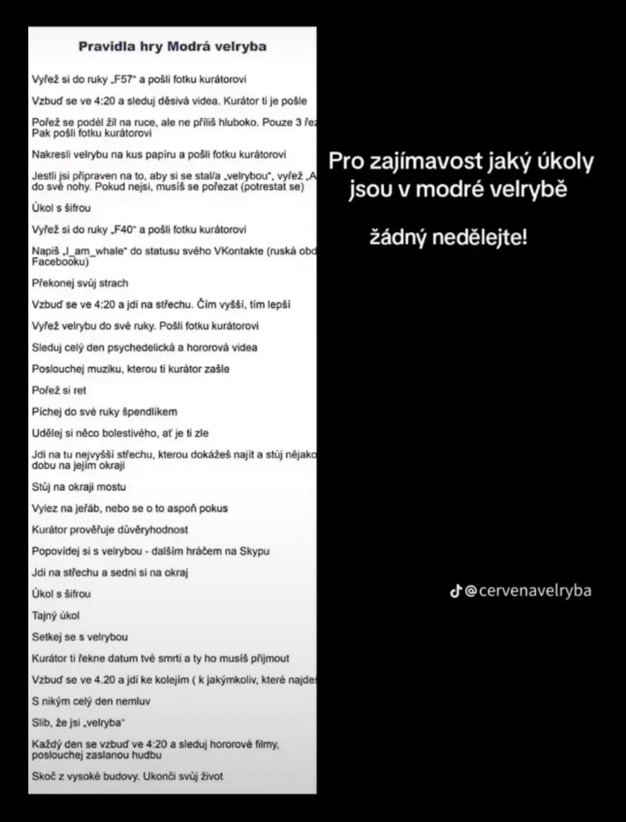 Červený delfín recykluje úkoly ze starší Modré velryby. Seznam koluje po internetu jako varování.