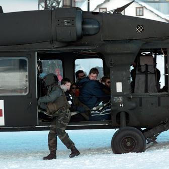 U.S. Army UH-60 Blackhawk helicopters from the 5th Battalion, 158th Aviation Regiment were deployed to Galtur, Austria, to evacuate tourists stranded by an avalanche, providing aerial transport and emergency assistance.