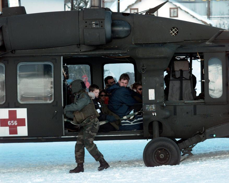 U.S. Army UH-60 Blackhawk helicopters from the 5th Battalion, 158th Aviation Regiment were deployed to Galtur, Austria, to evacuate tourists stranded by an avalanche, providing aerial transport and emergency assistance.