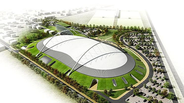 Vizualizace rychlobruslařské haly, která měla stát ve Velkém Oseku.