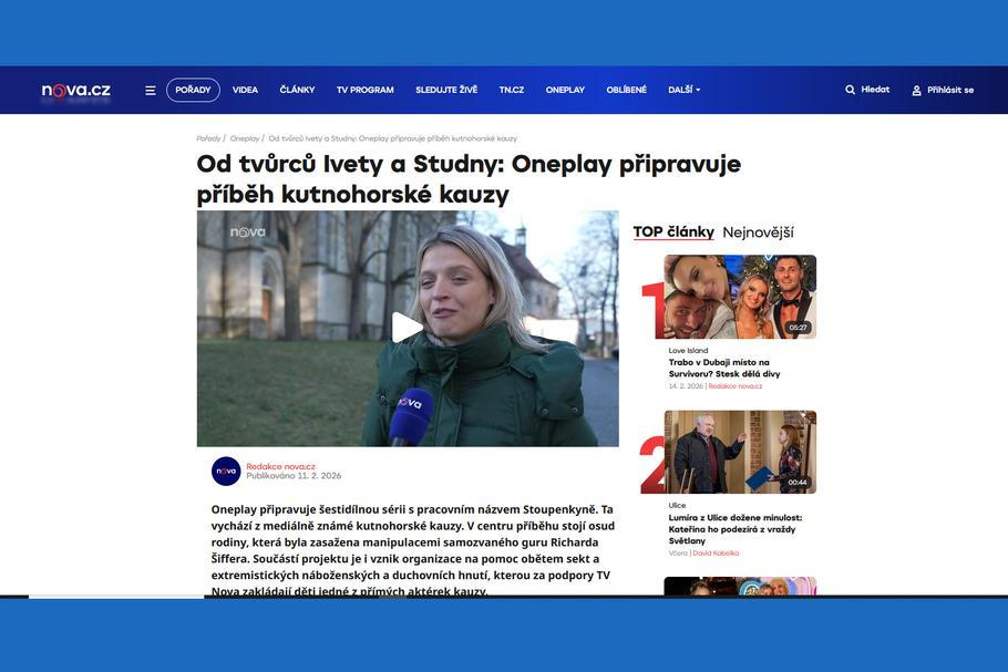 Příprava série Stoupenkyně o kauze kutnohorské sekty a guru Richarda Šiffera pro platformu Oneplay, Česká republika, únor 2026.
