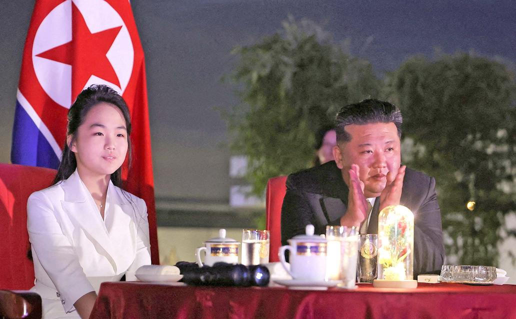 North Korean leader Kim Jong Un and his daughter Kim Ju Ae attend a ceremony to celebrate the completion of the Wonsan Kalma Coastal Tourist Zone
