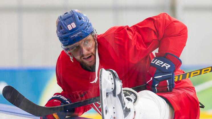 David Pastrňák na tréninku před play off olympiády 2026