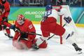 Tomáš Hertl a Jordan Binnington v zápase Česko - Kanada na ZOH 2026