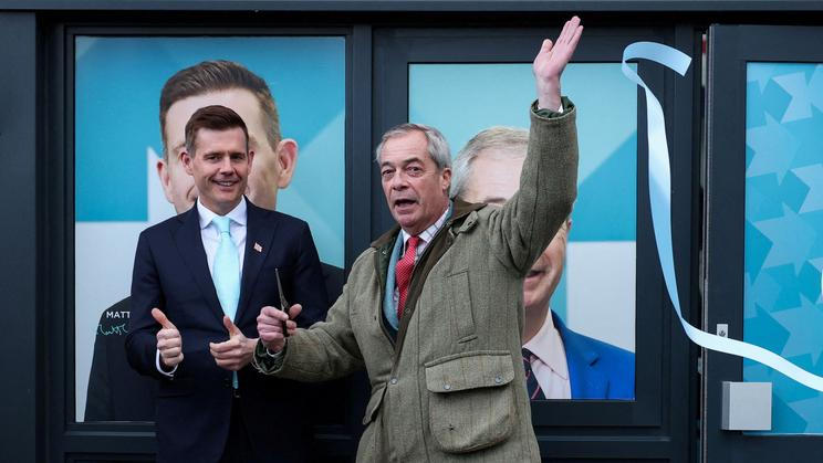 Reform UK party leader Nigel Farage makes a campaign visit ahead of the Gorton and Denton by-election, in Denton