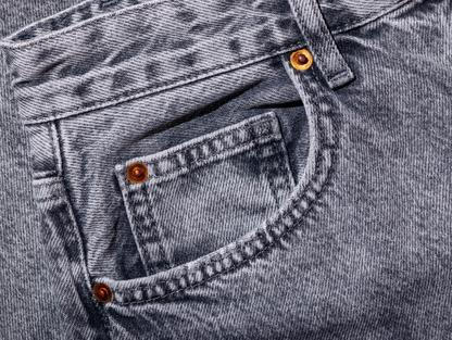 Small,Coin,Pocket,With,Metal,Rivets,On,Gray,Jeans,,Close