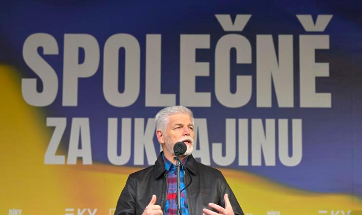 Prezident Petr Pavel na shromáždění Společně za Ukrajinu!, 21. února 2026, Staroměstské náměstí, Praha.