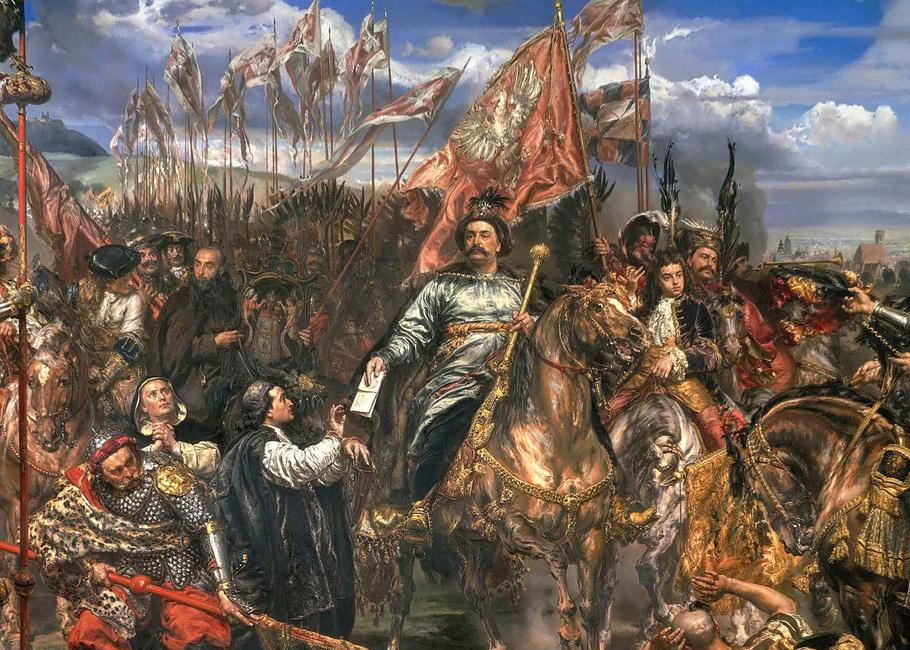 Král Jan III. Sobieski posílá papeži vítězné poselství po vítězné bitvě nad Turky u Vídně. Výřez obrazu Jan Matejka.