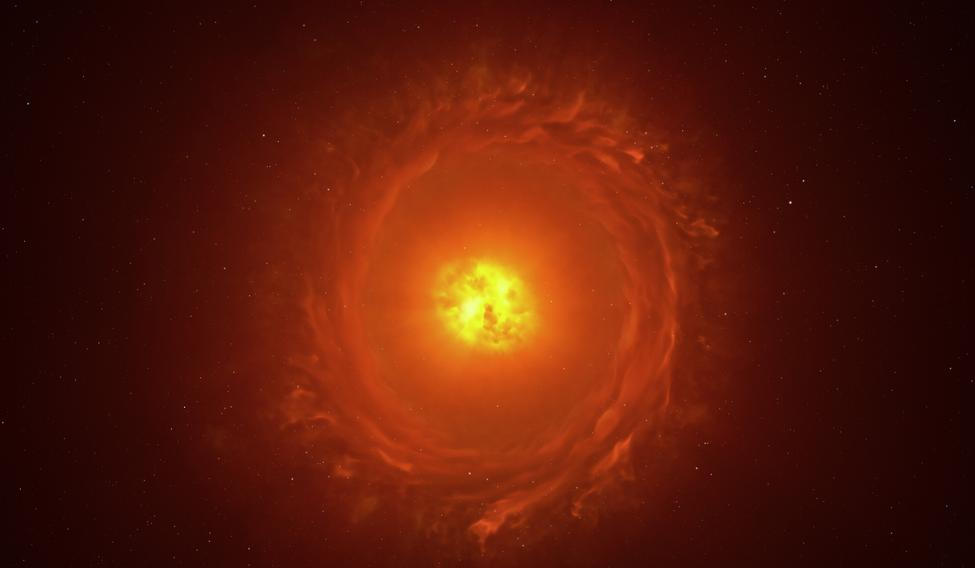 Umělecká rekonstrukce hvězdy WOH G64, prvního objektu mimo naši Galaxii, který se podařilo zobrazit v detailním přiblížení. Nachází se ve vzdálenosti více než 160 000 světelných let ve Velkém Magellanově mračnu. Ilustrace zachycuje její hlavní rysy: vejčitý prachový kokon obklopující hvězdu a prachový prstenec (torus). Existence i přesný tvar prstence však zatím vyžadují další pozorování.