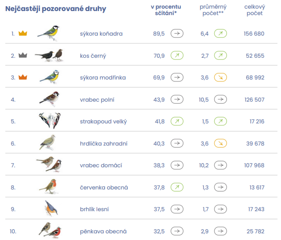 Nejčastěji pozorované druhy