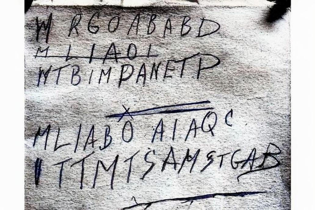 Fotografie nerozluštěné šifry nalezené r. 1949 v knize Rubáiját, klíčového důkazu v záhadném případu Somertonského muže v Austrálii. Kolorováno