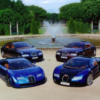 Toto už jsou nejen EB 118 a EB 218, ale v popředí vlevo i 18/3 Chiron - poslední prototyp Italdesignu - a EB 18/4 Veyron navržený kompletně v režii VW s podpisem Jozefa Kabaně.