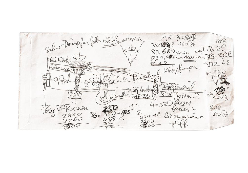 Tady to všechno začalo: v roce 1997 si Ferdinand Piëch na dopisní obálku při cestě japonským šikanzenem načrtl motor s osmnácti válci. Stalo se tak po debatě s vývojářem motorů ve VW Karl-Heinz Neumannem.