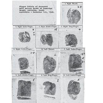 Otisky prstů neznámého muže nalezeného 1. prosince 1948 na pláži Somerton v australském Adelaide. Snímky byly pořízeny během vyšetřování.