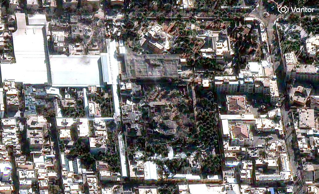 A satellite image of a destroyed residence complex belonging to Supreme Leader Ayatollah Ali Khamenei in Tehran