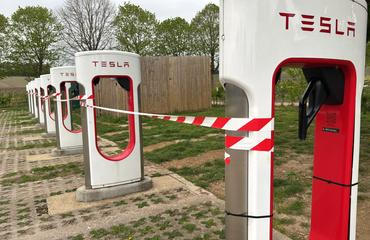 Surrey,,England,-,May,9,2025:,Vandalised,Tesla,Supercharger,Station