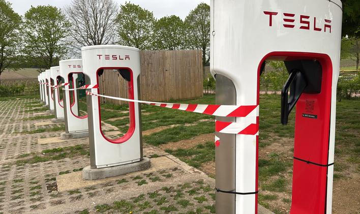 Surrey,,England,-,May,9,2025:,Vandalised,Tesla,Supercharger,Station