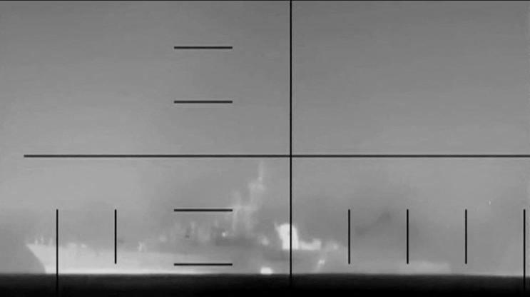 An explosion on what the U.S. Department of Defense says is an Iranian warship, at the sea