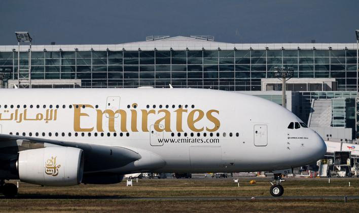 FILE PHOTO: An Emirates plane with German tourists evacuated from the Middle East arrives from Dubai, at the airport in Frankfurt