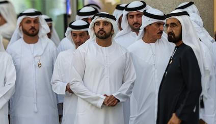 Dubai's ruler Sheikh Mohammed bin Rashid Al-Maktoum (R) and Crown Prince Sheikh Hamdan bin Mohammed bin Rashid al-Maktoum (C) arrive to attend the Dubai World Cup horse race at Meydan Racecourse in Dubai on April 5, 2025.,Image: 984089443, License: Rights-managed, Restrictions: , Model Release: no, Credit line: Fadel Senna / AFP / AFP / Profimedia