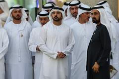 Dubai's ruler Sheikh Mohammed bin Rashid Al-Maktoum (R) and Crown Prince Sheikh Hamdan bin Mohammed bin Rashid al-Maktoum (C) arrive to attend the Dubai World Cup horse race at Meydan Racecourse in Dubai on April 5, 2025.,Image: 984089443, License: Rights-managed, Restrictions: , Model Release: no, Credit line: Fadel Senna / AFP / AFP / Profimedia