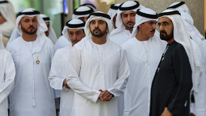 Dubai's ruler Sheikh Mohammed bin Rashid Al-Maktoum (R) and Crown Prince Sheikh Hamdan bin Mohammed bin Rashid al-Maktoum (C) arrive to attend the Dubai World Cup horse race at Meydan Racecourse in Dubai on April 5, 2025.,Image: 984089443, License: Rights-managed, Restrictions: , Model Release: no, Credit line: Fadel Senna / AFP / AFP / Profimedia