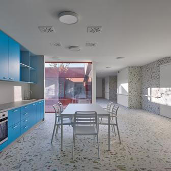 Přivádějí do budovy denní světlo a zároveň fungují jako přirozené společné prostory jednotlivých domácností.