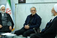 Iranian President Pezeshkian, Mohseni-Eje'i, and Arafi attend the meeting of the interim leadership council of Iran in an unknown location in Iran