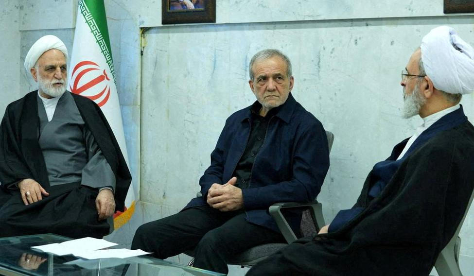 Iranian President Pezeshkian, Mohseni-Eje'i, and Arafi attend the meeting of the interim leadership council of Iran in an unknown location in Iran