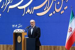Iranian President Masoud Pezeshkian speaks during a meeting in Tehran