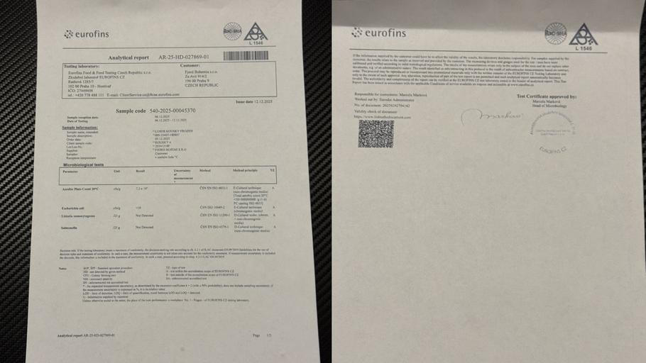 Kopie falešné zprávy o výsledcích laboratorních testů, kterou měl obdržet šéf jídelen Josef Vlk a kterou údajně vyhotovil bývalý manažer skladu Jaroslav Beránek.