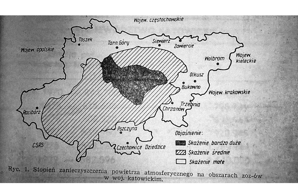 Mapa míry znečištění ovzduší v katovickém vojvodství v 70. letech, s vyznačením oblastí s velmi vysokou koncentrací emisí.