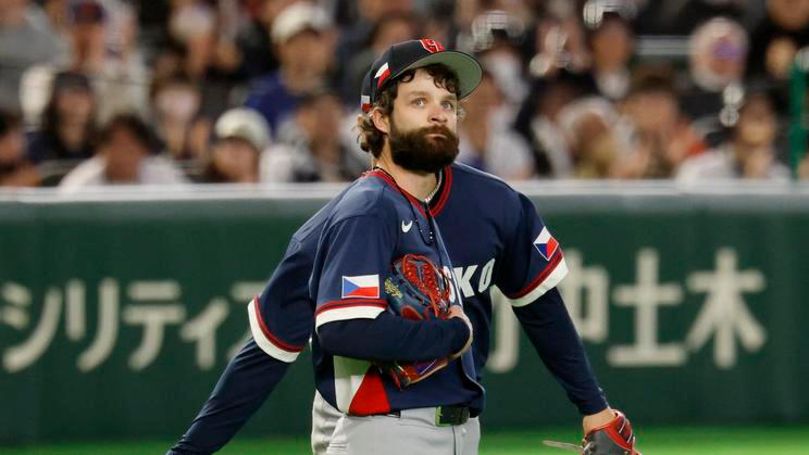 Ondřej Satoria v zápase Česko - Japonsko na World Baseball Classic 2026