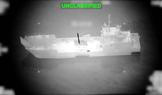 A projectile approaches what U.S. Central Command (CENTCOM) says is an Iranian naval vessel, during strikes that included attacks on mine-laying vessels, at a location given as near the Strait of Hormuz