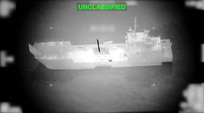 A projectile approaches what U.S. Central Command (CENTCOM) says is an Iranian naval vessel, during strikes that included attacks on mine-laying vessels, at a location given as near the Strait of Hormuz