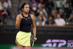 INDIAN WELLS, CALIFORNIA - MARCH 10: Alexandra Eala of the Philippines pumps fist against Linda Noskova of Chechia in their fourth round match on day 7 during the BNP Paribas Open at the Indian Wells Tennis Garden on March 10, 2026 in Indian Wells, Califo