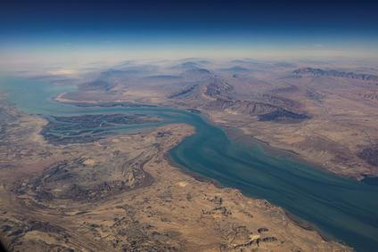 FILE PHOTO: An aerial view of the Iranian shores and the island of Qeshm in the strait of Hormuz