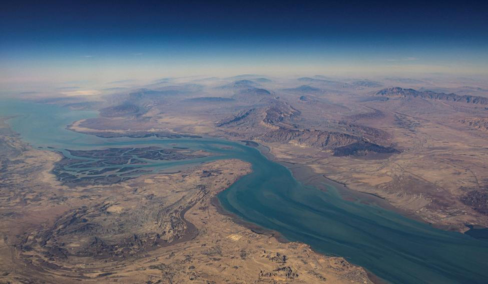 FILE PHOTO: An aerial view of the Iranian shores and the island of Qeshm in the strait of Hormuz