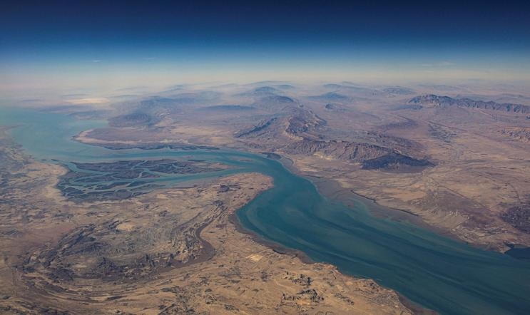FILE PHOTO: An aerial view of the Iranian shores and the island of Qeshm in the strait of Hormuz