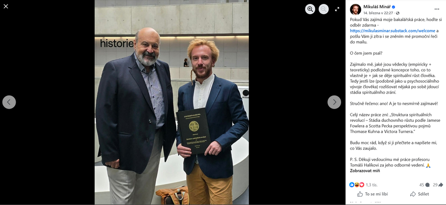 Mikuláš Minář nabízí na Facebooku svou bakalářskou práci