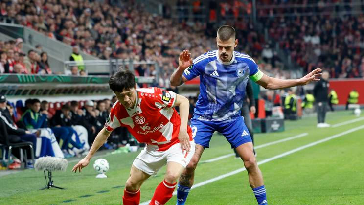 Jan Kliment v zápase Olomouce proti Mohuči v Konferenční lize