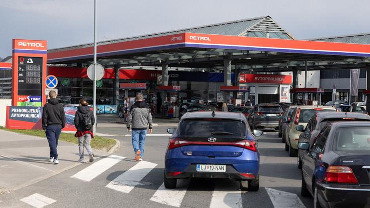 Vehicles queue at a petrol station in Ljubljana