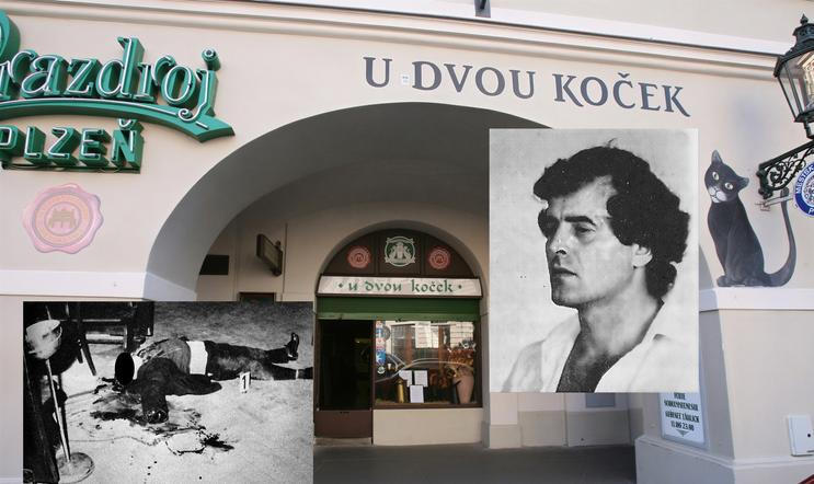 Ilustrační koláž k případu vraždy v restauraci U Dvou koček na Uhelném trhu v Praze z roku 1981