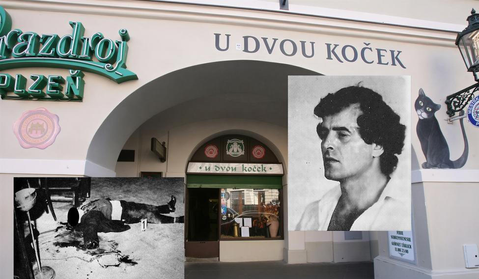 Ilustrační koláž k případu vraždy v restauraci U Dvou koček na Uhelném trhu v Praze z roku 1981