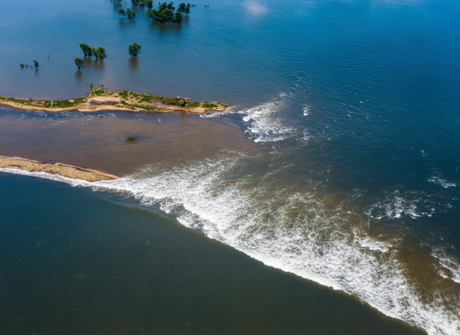 Průlom hráze a proud vody zaplavující krajinu, oblast Gaoyou (Velký kanál), Čína, 21. září 1931. Kolorováno
