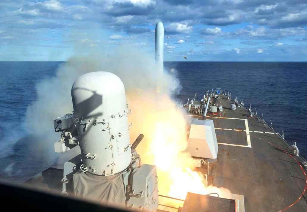 still image released by U.S. Central Command (CENTCOM) shows an anti-air defence system of a ship operating