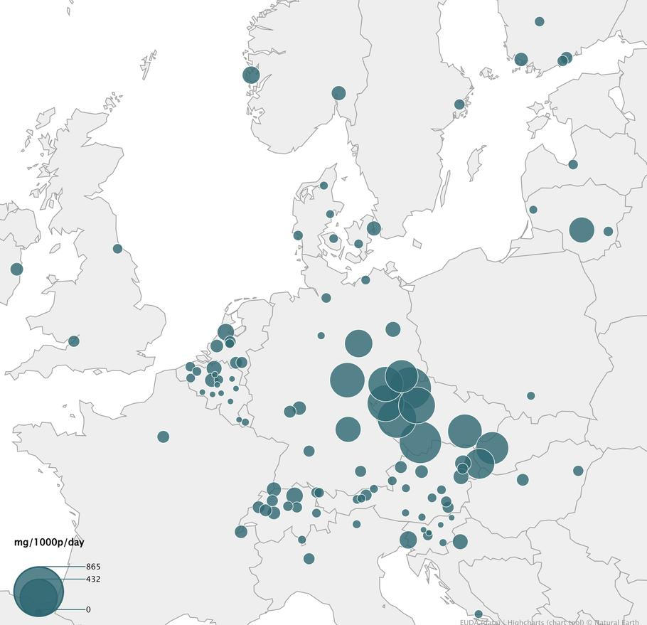 Spotřeba pervitinu v Evropě v roce 2025.