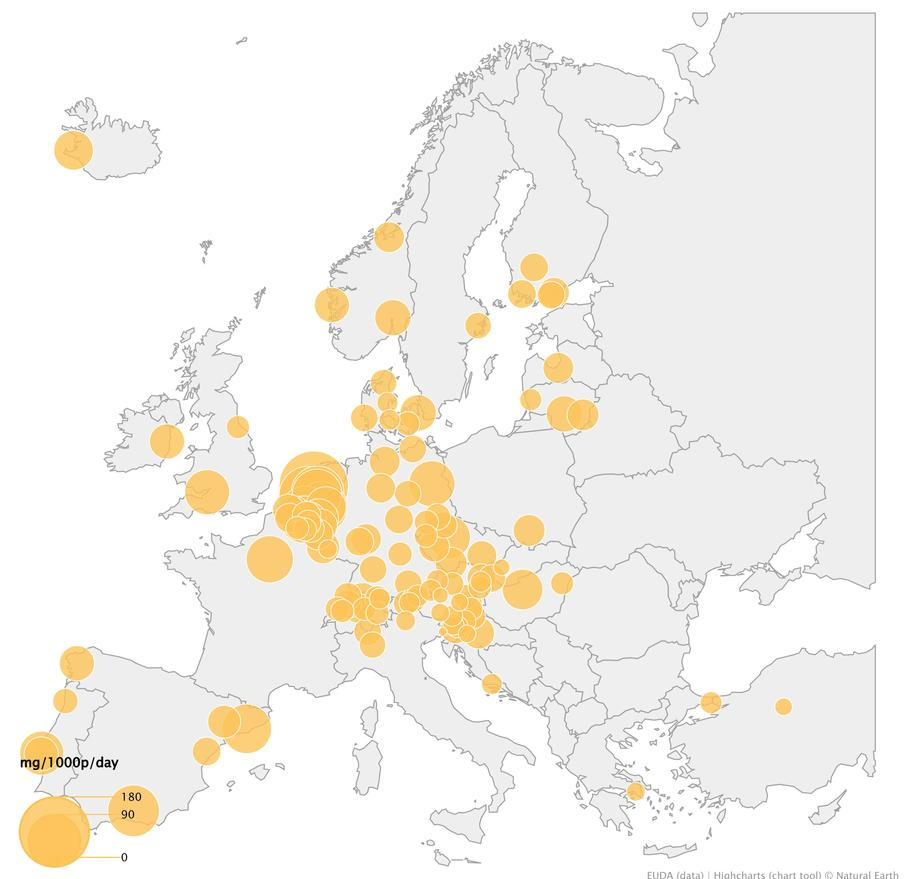 Spotřeba MDMA v jednotlivých evropských zemích.