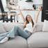 Apartment,,Woman,And,Happy,In,Portrait,On,Sofa,With,Peaceful,
